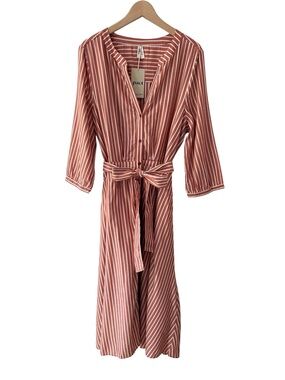 Pact Sunset Easy Dress XL clay Stripe cotton button pockets midi NWT